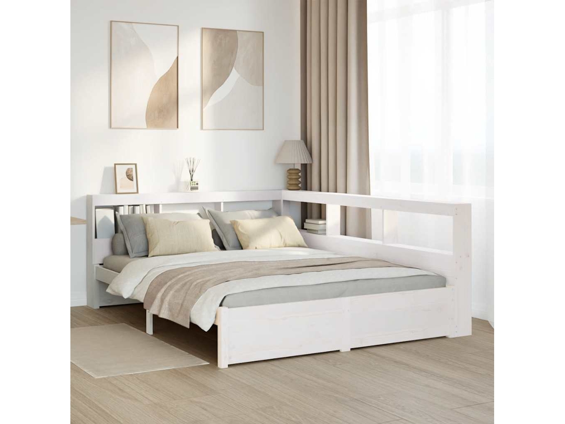 Cama De Matrimonio | Cama Para Adultos | Cama Con Estantería Sin Colchón Madera Maciza Blanca 160x200 Cm