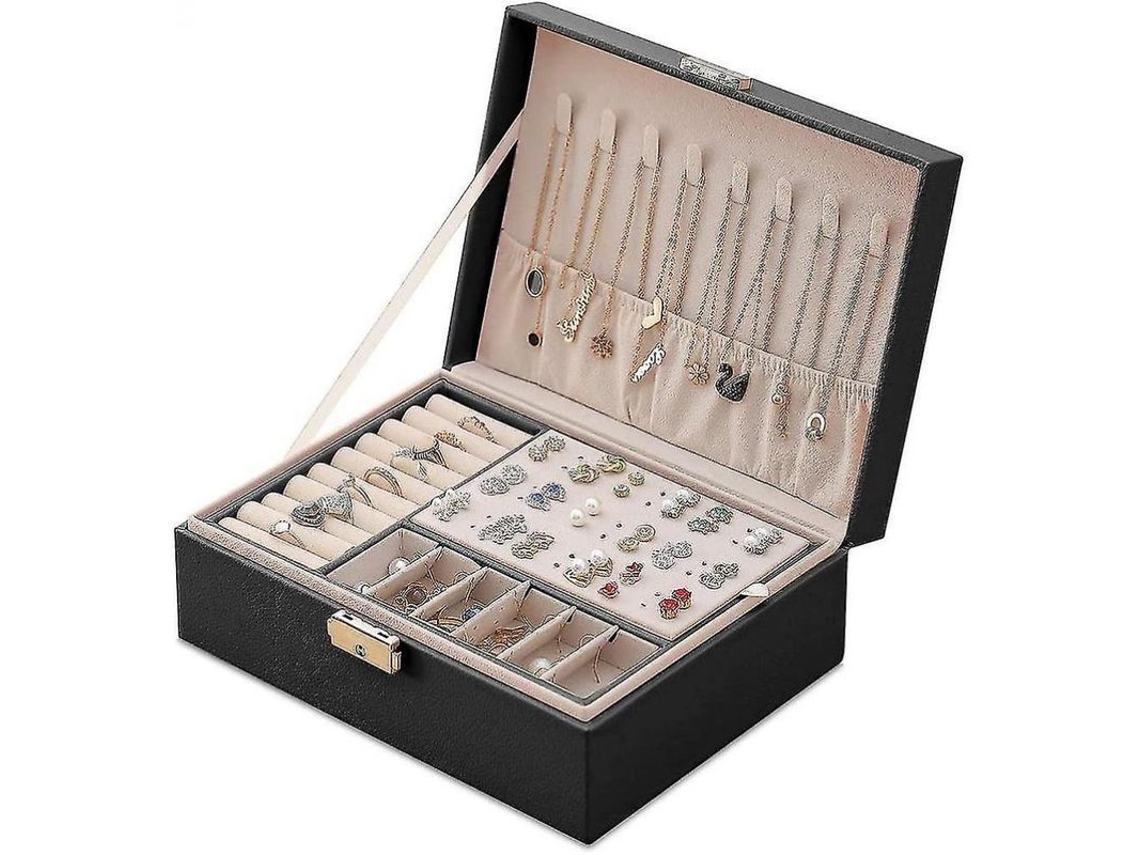 Caja De Joyería De Cuero Con Cierre Y Compartimentos Para Anillos Collares Pendientes Brazaletes