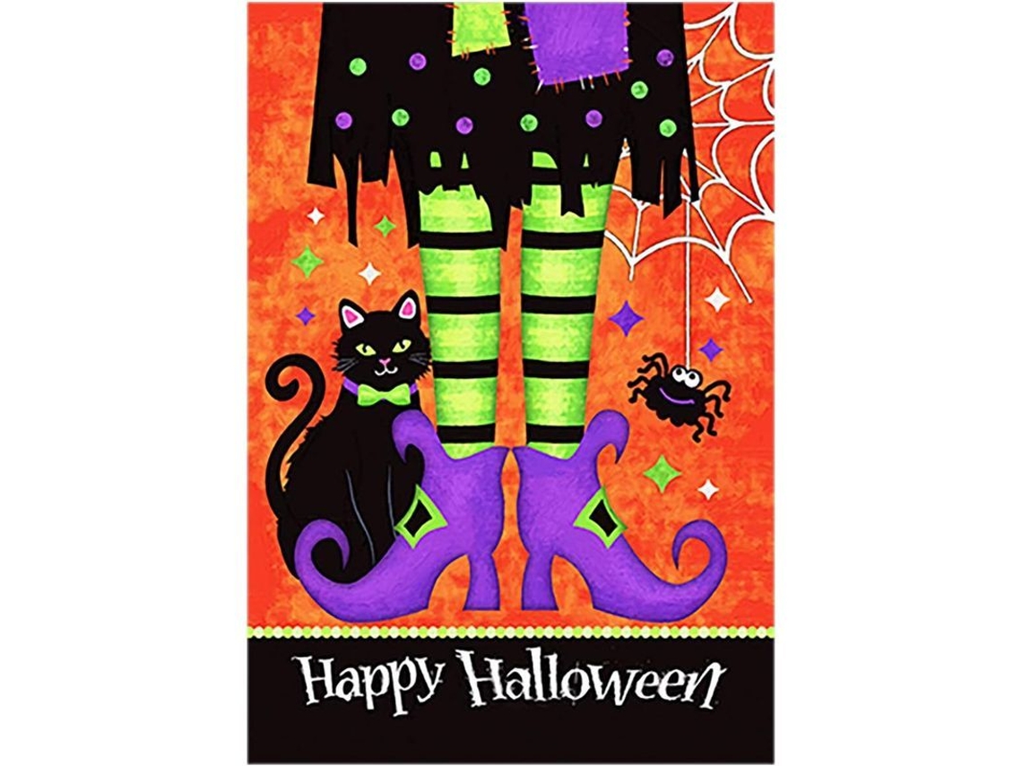 Bandera De Jardín Doble Cara Para Halloween Con Diseño De Bruja, Gatito Negro Y Araña Resistente Al Descoloramiento Y Al Clima