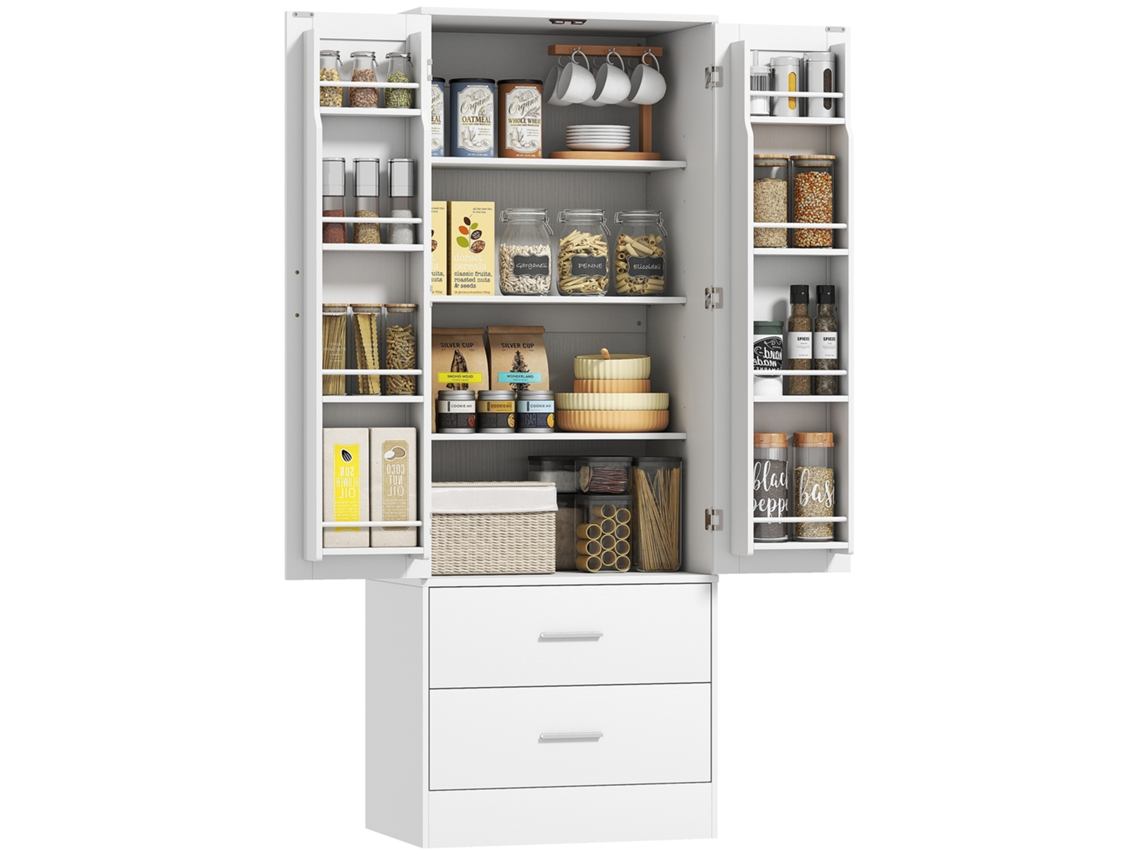 Mueble de cocina de 159 cm con estantes y cajones ajustables, blanco.