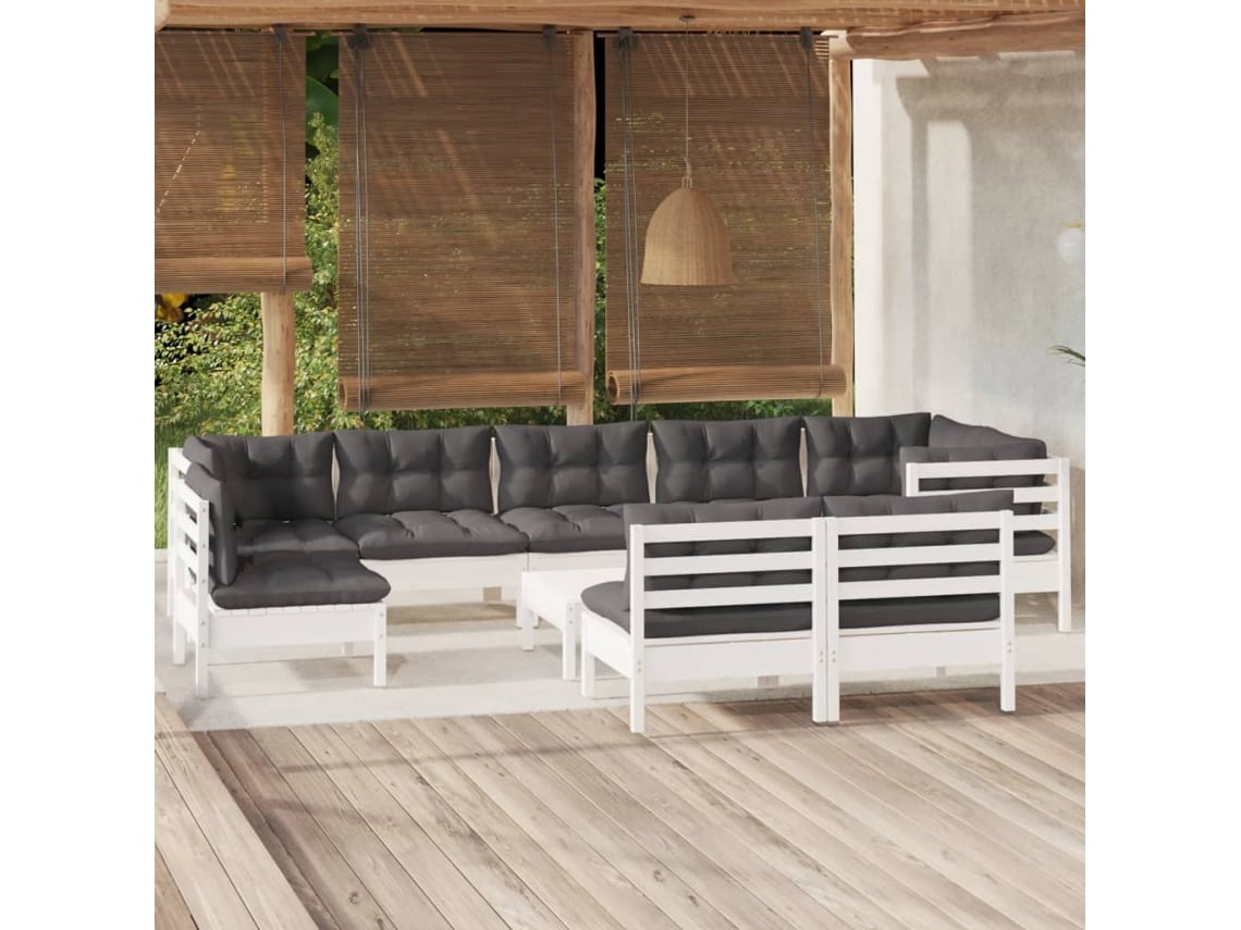 Conjunto de jardín de 10 piezas con cojines de pino macizo blanco DKD Home Decor