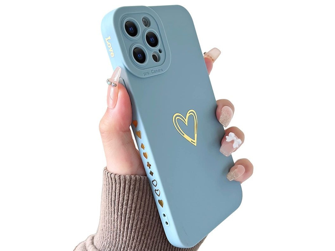 Caso De Silicona Líquida Con Corazón Dorado Para Iphone 13 Pro Max Mujer Antichoque Antiamarillo