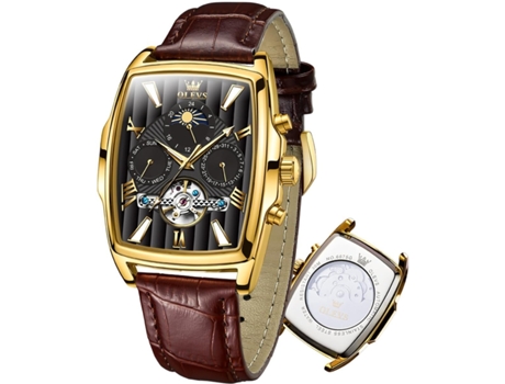 VEANXIN Reloj de cuero Tonneau rectangular vintage hueco luminoso impermeable fase lunar automático para hombre(oro)
