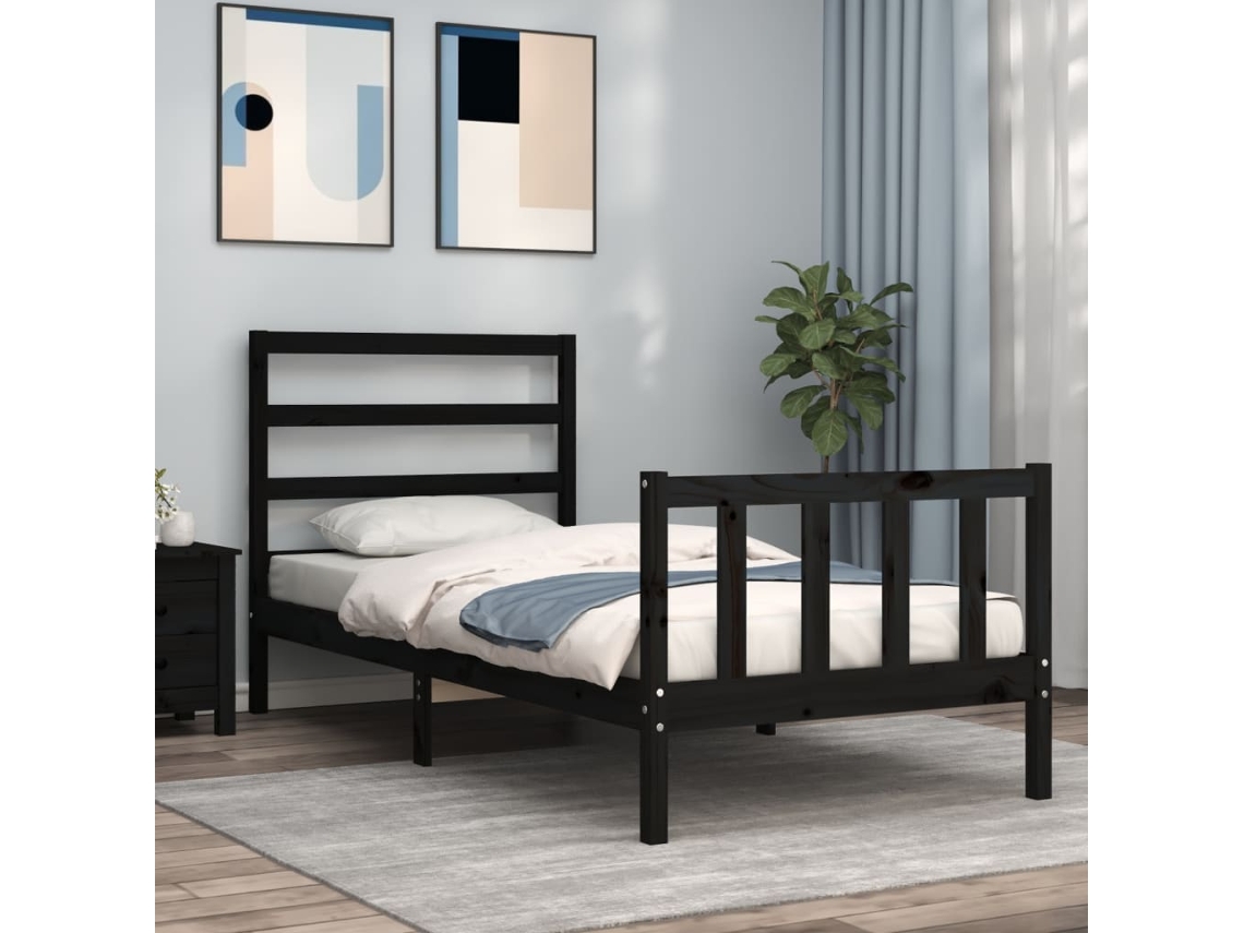 Estructura De Cama Individual Con Cabecero Madera Maciza Negro