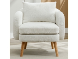 Sillón de tela bouclé con cojín grueso y patas de madera maciza, estilo blanco