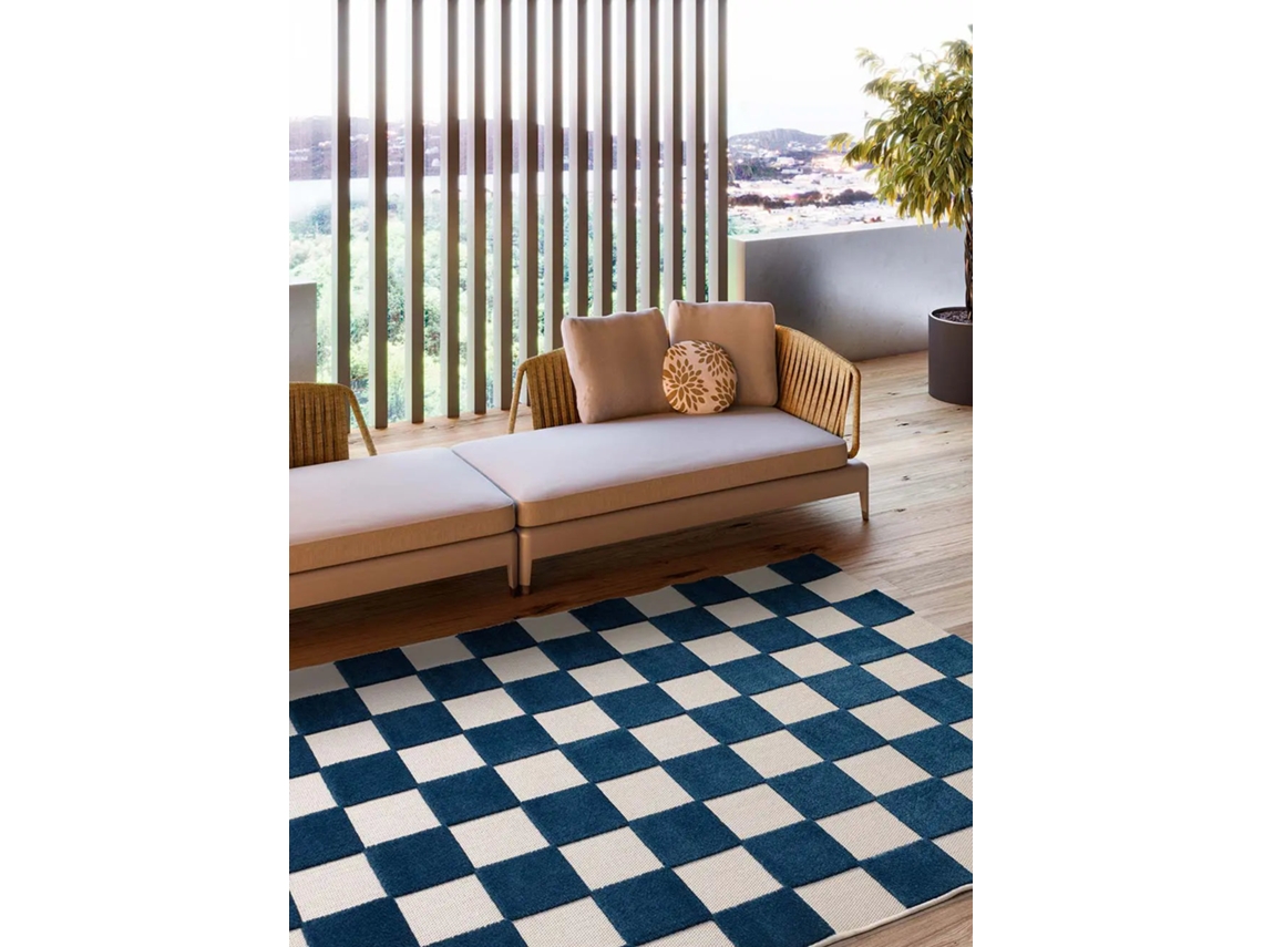 Alfombra Exterior Geométrico Con Relieve - Atticgo - Cuadros Azul / Blanco 160x230 Cm