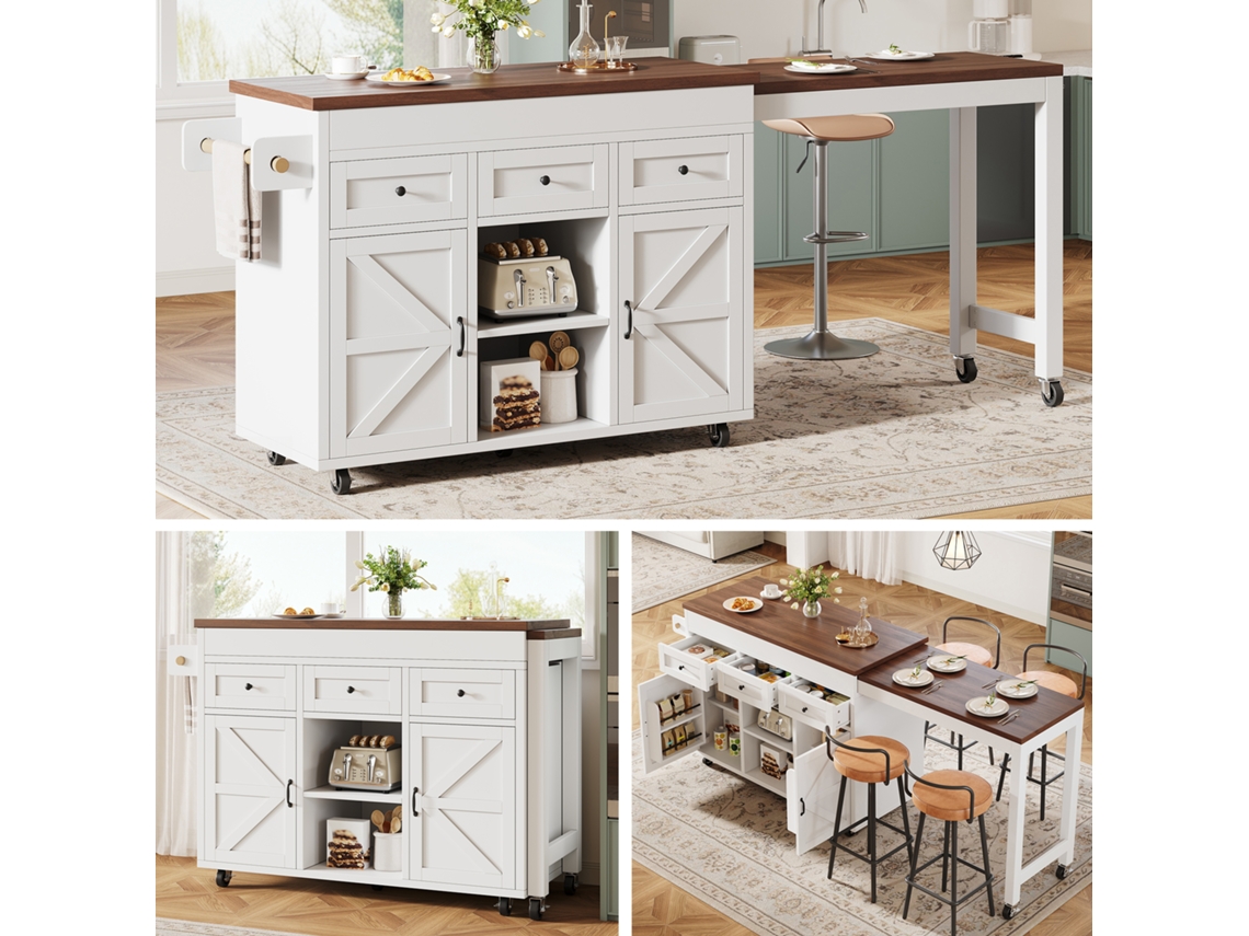 Isla De Cocina Extensible De 131,5 A 210 Cm Con Cajones Giratorios De 360° Y Armarios Blancos.