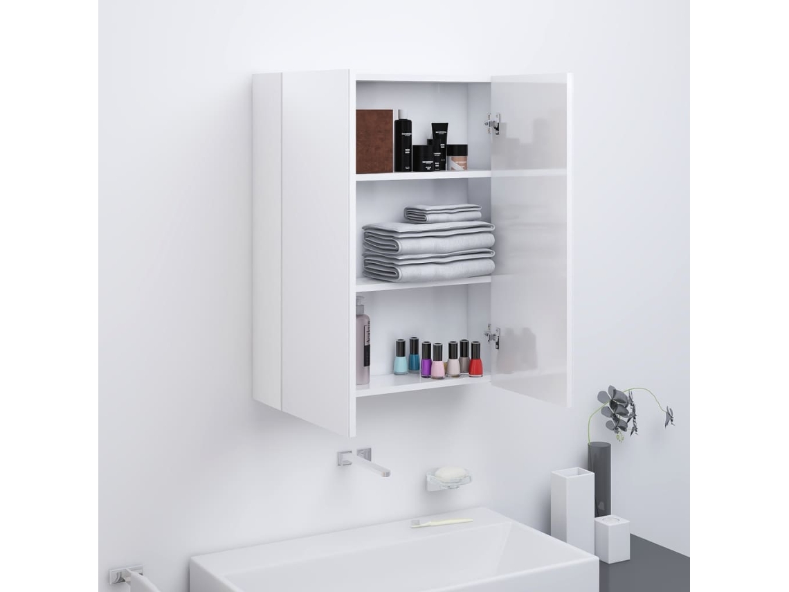 Armario De Espejo De Baño Mdf Blanco Brillante 60x15x75 Cm