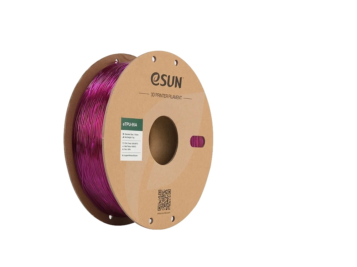 Filamento para impresora 3D, TPU flexible 95a, alta durabilidad, morado transparente.