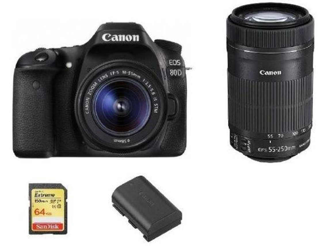Cámara Reflex CANON EOS 80D + Objectivo EF-S 18-55MM F3.5-5.6 IS STM + Objectivo EF-S 55-250MM F4-5.6 IS STM + Tarjeta SD 64GB + Batería LP-E6N (APS-C)