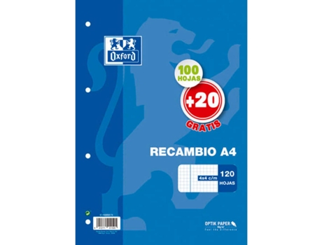Recarga de Hojas OXFORD (A4 - 100 Hojas - Cuadriculado - 21x29.7cm)