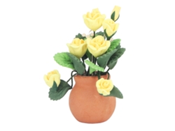 Jarrones De Cerámica En Miniatura A Escala 1:12 Con Forma De Rosa Amarilla Y Hojas Verdes Para Casa De Muñecas.