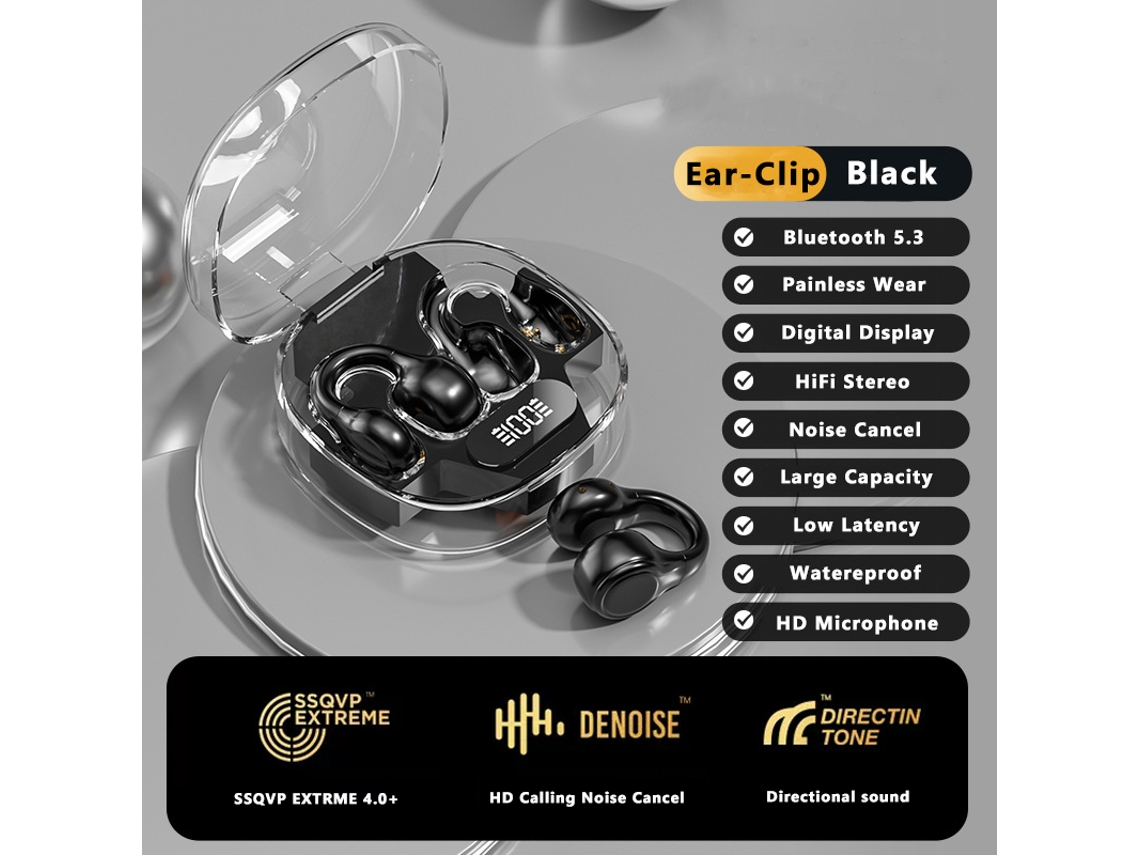 Auriculares Inalámbricos Bluetooth 5.3 (negros), Con Diseño De Gancho Para La Oreja Y Pantalla Led.