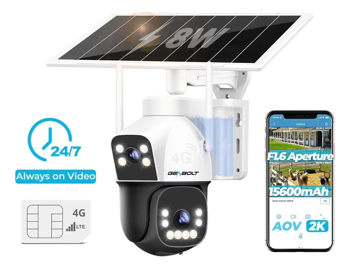 Genbolt Cámara 3g/4g Lte Exterior Inalámbrica 8w 15600mah Sin Wifi Lente Dual Foco Sim