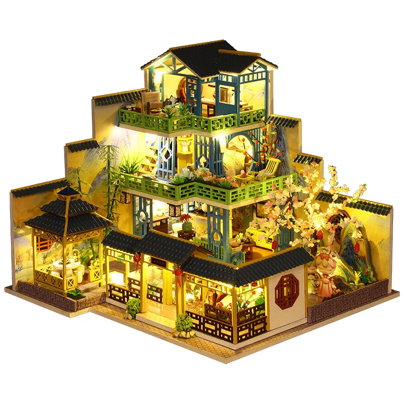 Casa De Muñecas De Madera Para Armar, Completamente Nueva, Con Muebles E Iluminación, Modelo De Villa China.