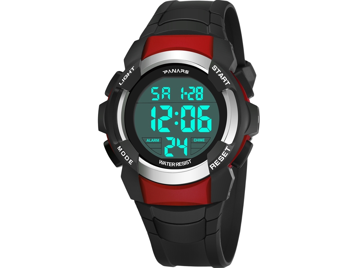 Reloj Digital Panars Luminoso 2 Zonas Horarias Impermeable Correa Pu Negro Rojo
