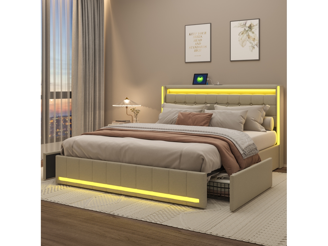 Cama Doble 180 X 200 Cm, Cama Tapizada Con Led, Usb Y 4 Cajones Para Adolescentes Y Adultos, Color Beige Lino