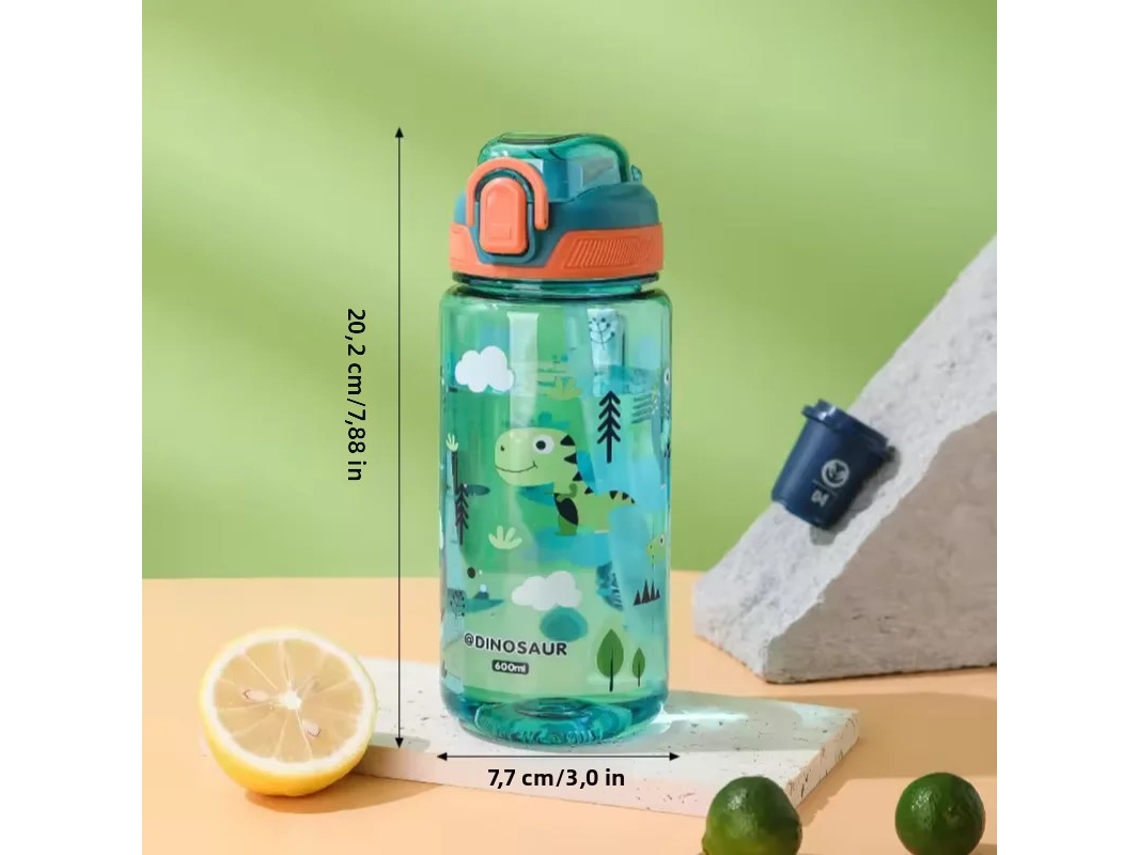 Botella de agua infantil de 600 ml con correa para el hombro y tapa antigoteo, con estampado de dibujos animados. Mdug (verde)