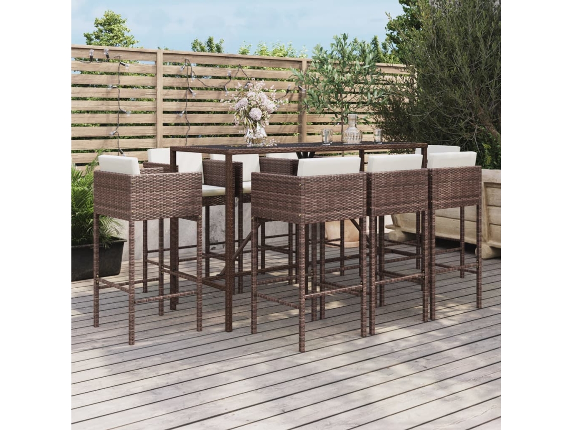 Conjunto Bar 9 Peças P/ Jardim C/ Almofadões Vime Pe Castanho Dkd Home Decor