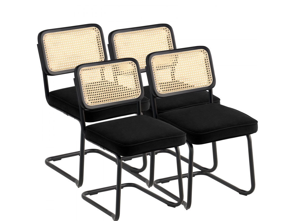 Conjunto de 4 sillas de ratán con estructura de metal, cojines de terciopelo y respaldo ergonómico Tekmaquinas