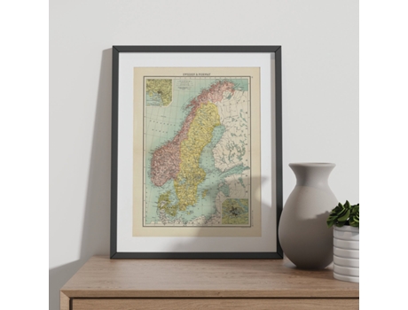 NACNIC Pósters Geográficos En Vintage Mapa De La Península Escandinava Ilustraciones De Antiguos Mapamundis En Tonos Sepia Tamaño A3 Con Marco Blan...