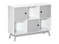 Aparador, Mueble De Almacenamiento Con 3 Puertas Y 3 Compartimentos Abiertos, Patas De Madera De Pino, 96x30x75cm, Blanco Y Gris.