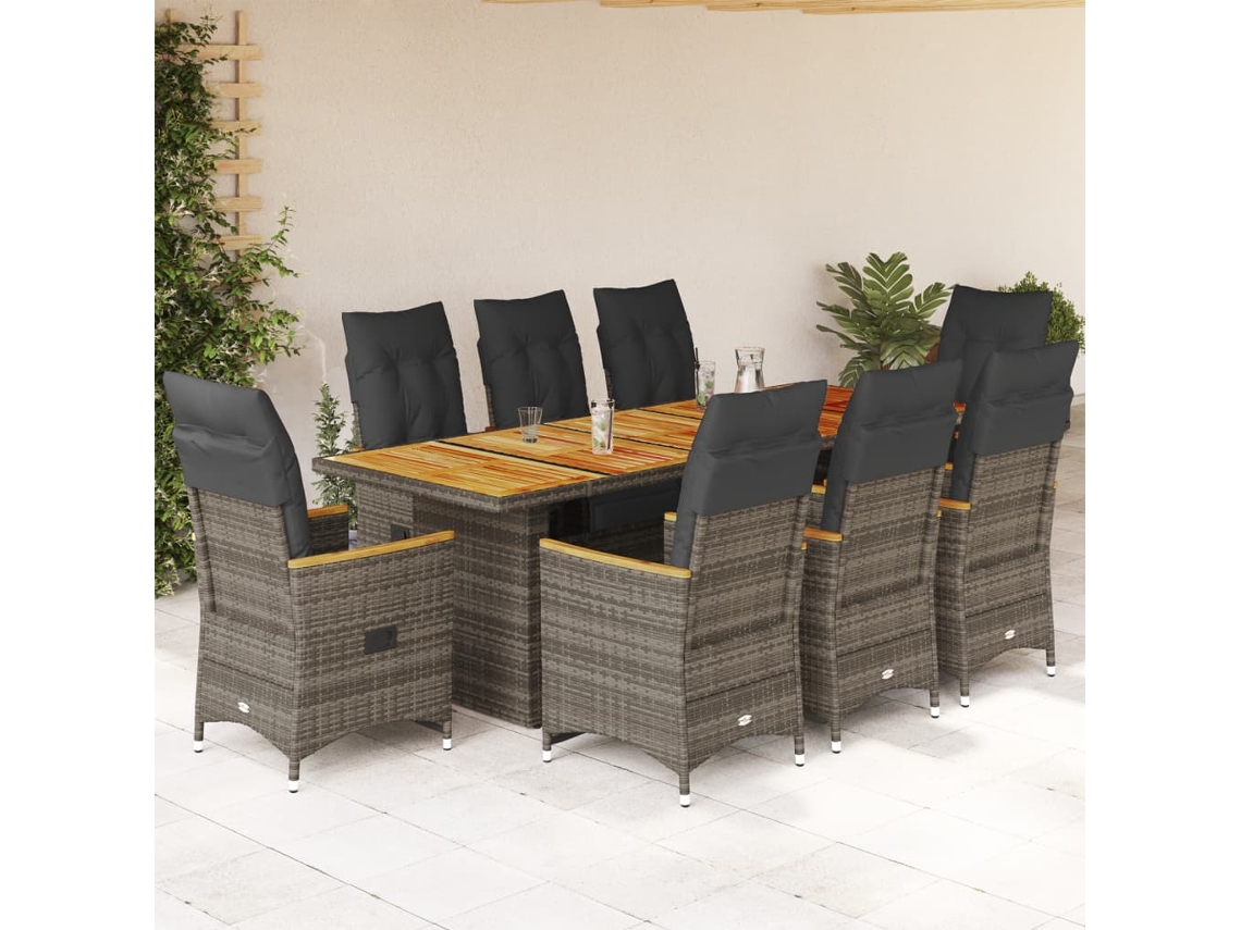 9 Pcs Conjunto Bistrô De Jardin C/ Almofadas Vime Pe Cinzento Dkd Home Decor