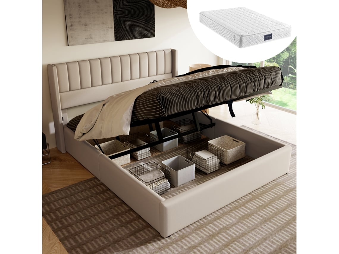 Cama Hidráulica Con Espacio De Almacenamiento, 140x200 Cm, Base De Láminas De Madera/metal, Tapizada En Tela De Lino Beige Con Colchón.