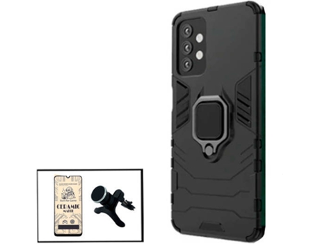 Kit Cristal Templado CeramicGlass Full Cover, Funda 3x1 Miltary Defender y Soporte Magnético de Coche Reforzado Samsung Galaxy A32 5G PHONECARE Negro