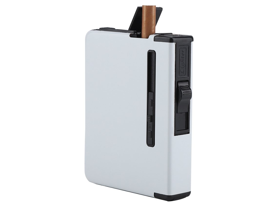 Estuche metálico 2 en 1 para cigarrillos con encendedor de gas resistente al viento, color blanco