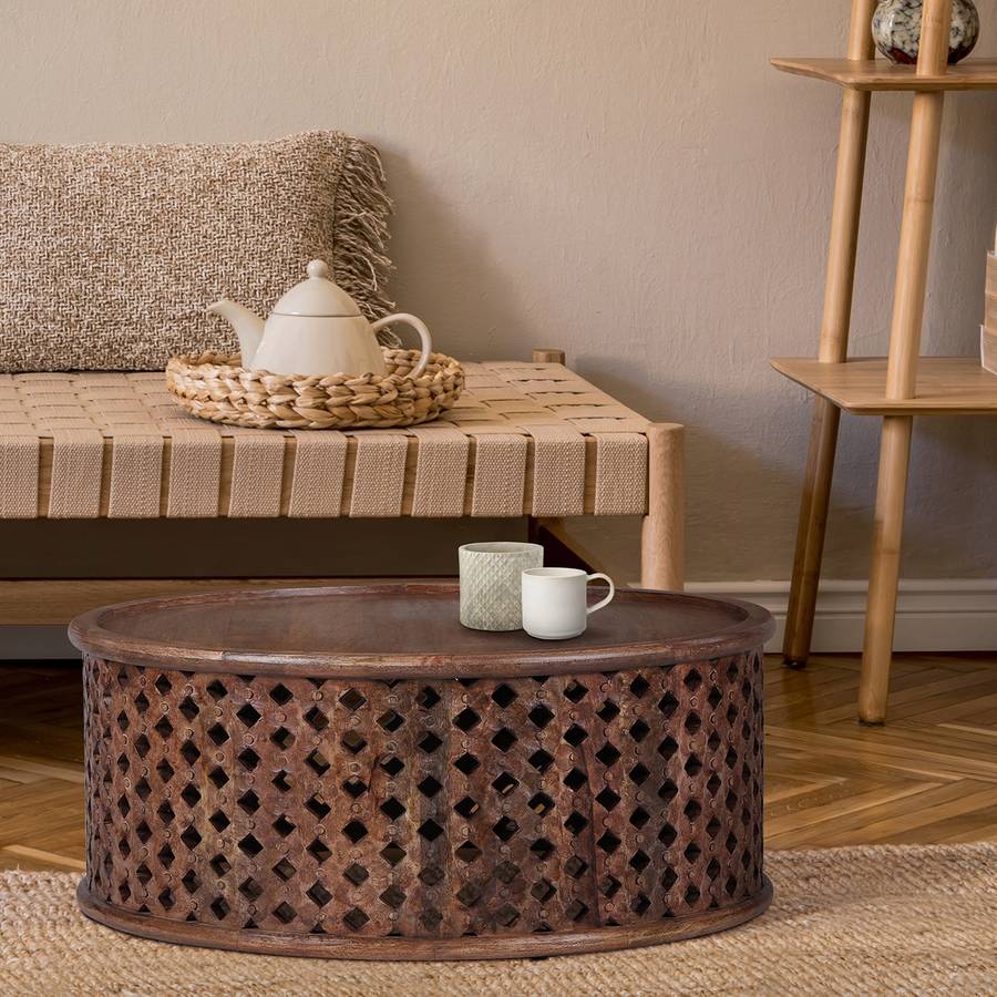 Mesa Centro Womodesign düsseldorf madera marrón 75 x 35 cm estilo oriental ø75x35 redonda gris maciza tallado mano