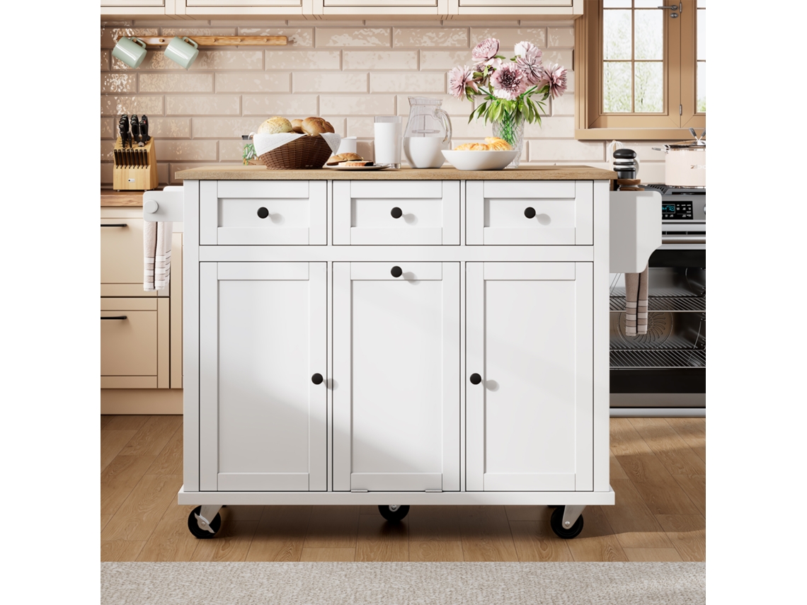 Isla De Cocina Móvil - Con Ruedas, Área De Comedor Extensible, Cajones Y Contenedor - Blanco