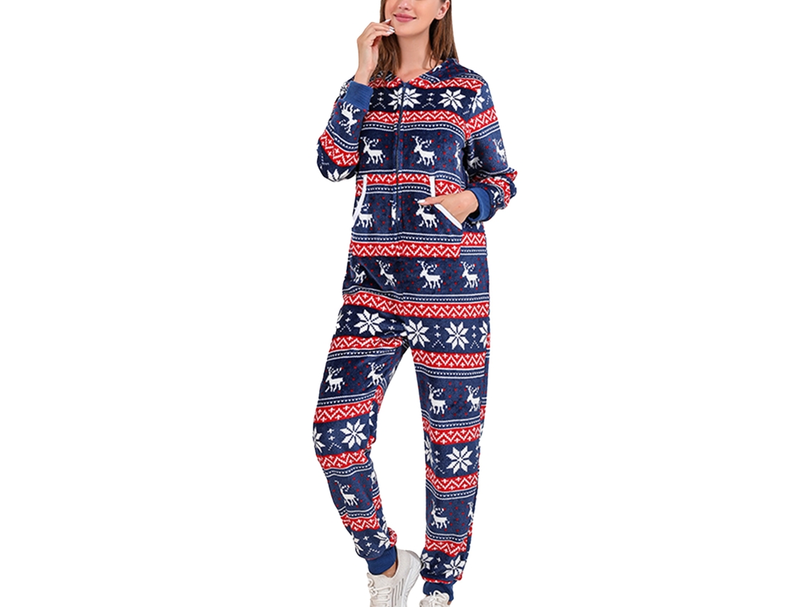 Conjunto De Pijamas Navideño Con Capucha Manga Larga Pantalones Enteros Estampado De Copos De Nieve Para Mujer Talla Xl Azul Oscuro