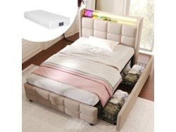 Cama Individual De 90x200 Cm, Led, Usb, 2 Cajones, Color Beige, Madera, Colchón Incluido.