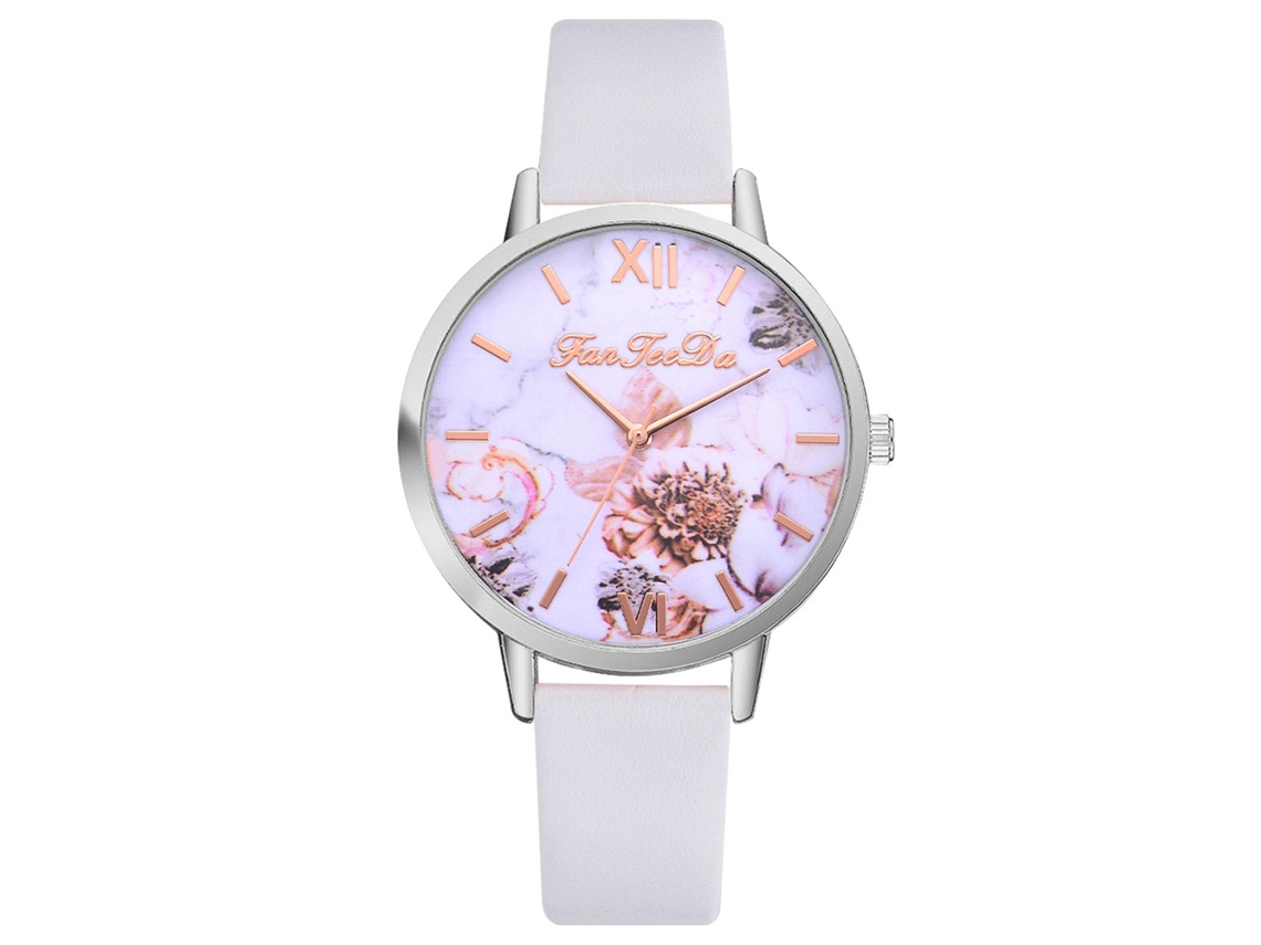Reloj Analógico De Cuarzo Informal Para Mujer Con Correa Ajustable De Pu, Estampado Floral Blanco Fd156