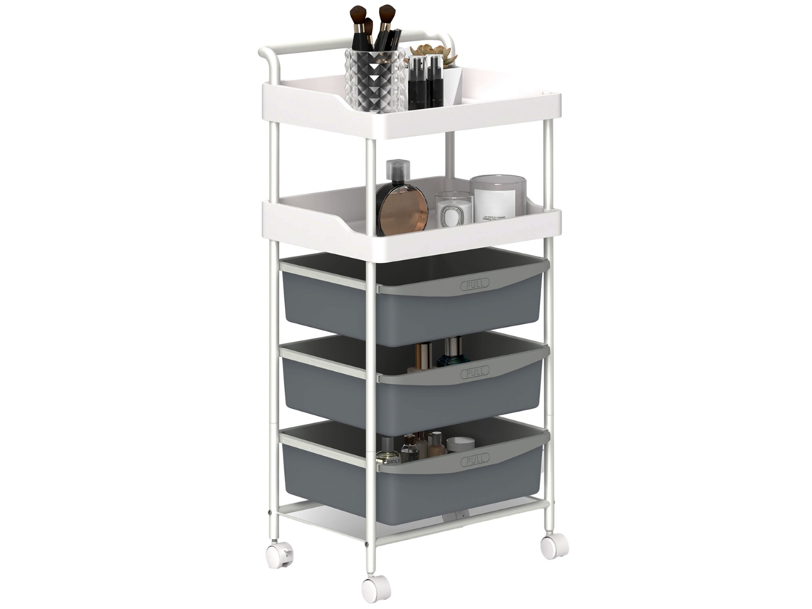 Carrito de cocina blanco de 5 niveles, 40x34x85cm, 2 bandejas fijas + 3 bandejas deslizantes, ruedas de acero, PP, ahorrador de espacio.