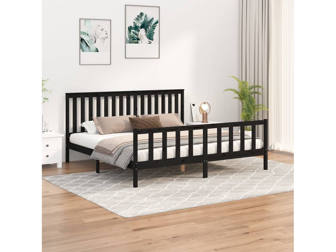 Estructura De Cama Con Cabecero Madera De Pino Negro 200x200cm