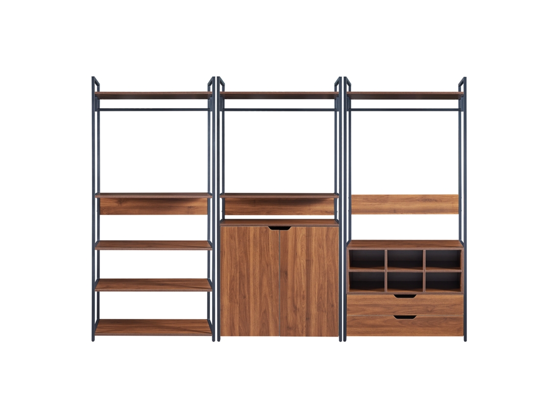 Conjunto de 3 percheros Larem con 1 compartimento cerrado 2 cajones y 6 compartimentos abietos - Negro/Efecto Nogal [EN.CASA]
