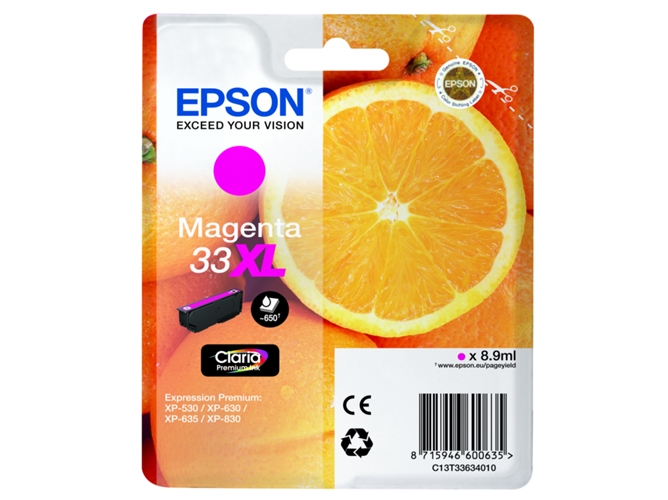 Cartucho de tinta original EPSON, 33, Naranjas 8,9 ml , Magenta, Alta, XL, C13T33634022, T3363