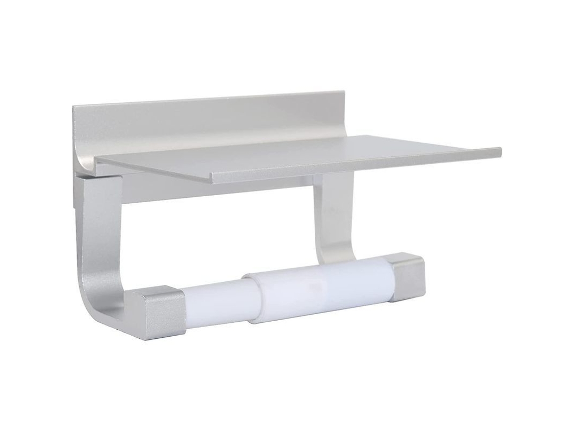 Porta Papel Higiénico Adhesivo Con Estante De Aluminio Sin Taladrar Pared Montado Plata