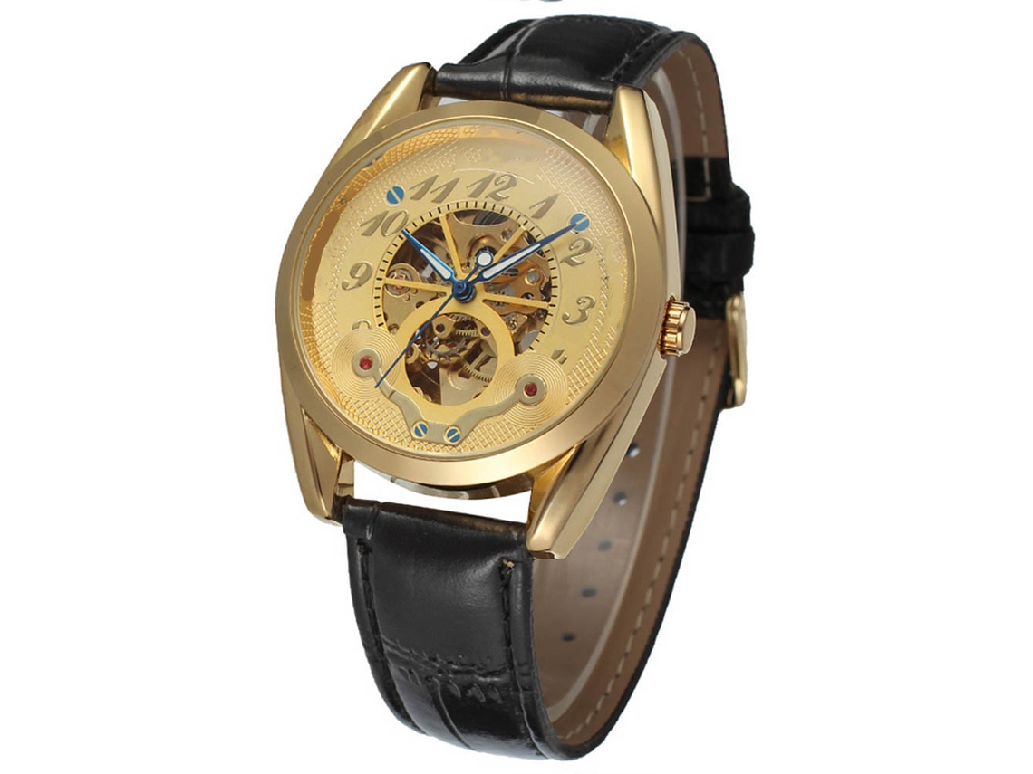 Reloj Automático Para Hombre Winner, Mecánico Hueco, Resistente Al Agua, Color Dorado.