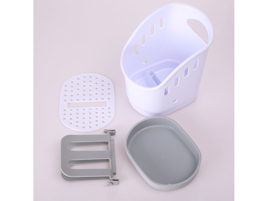 Organizador de fregadero de cocina para esponjas y cepillos con compartimento para guardar suministros.