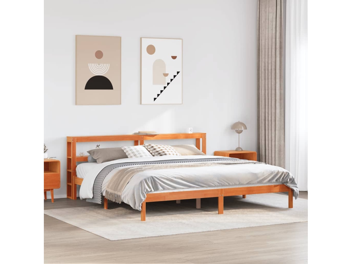 Estructura Cama Con Cabecero Madera Pino Marrón Cera 200x200 Cm