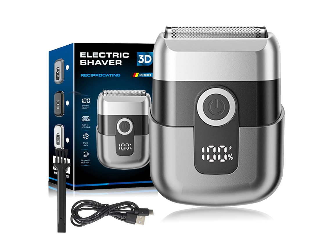 Mini afeitadora eléctrica recíproca compatible, motor de 8000 RPM, pantalla digital, carga USB-C (Power Bank/PC/coche), ideal para viajar.