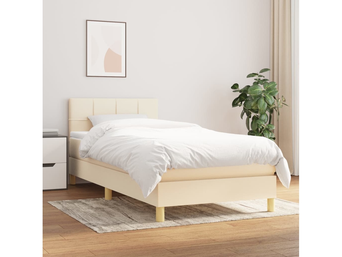Cama Box Spring Con Colchón Tela Color Crema 90x190 Cm