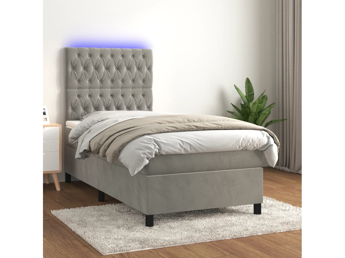 Cama Box Spring Colchón Y Led Terciopelo Gris Claro 90x190 Cm