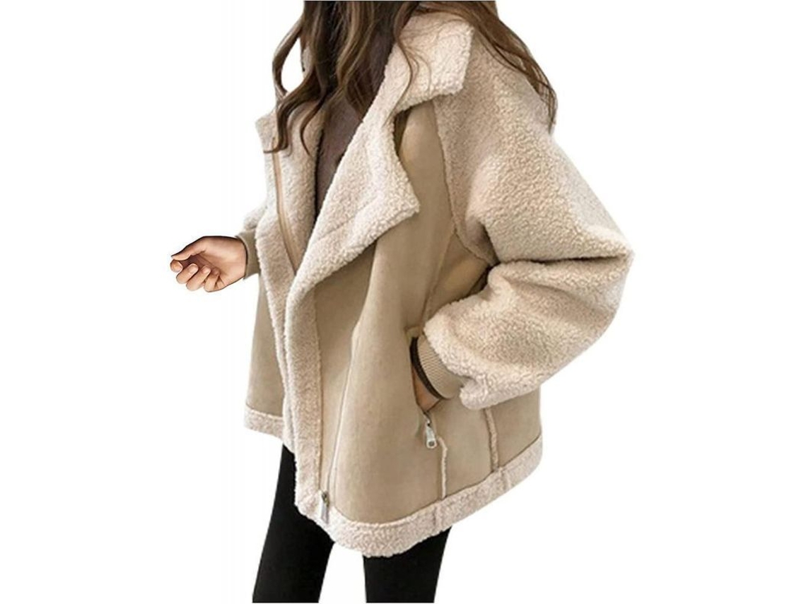 Abrigo De Peluche Falso Para Mulher Casual Curto De Algodão Ovelha Moda Inverno Bege Tamanho M