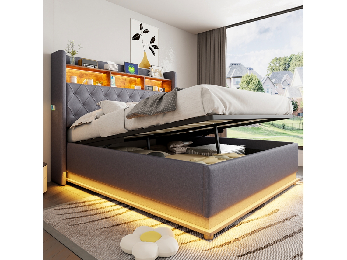 Cama Doble Gris De 160x200 Cm, Iluminación Led, Compartimento De Almacenamiento Hidráulico, Puerto Usb, Ropa De Cama Suave, Diseño Moderno.