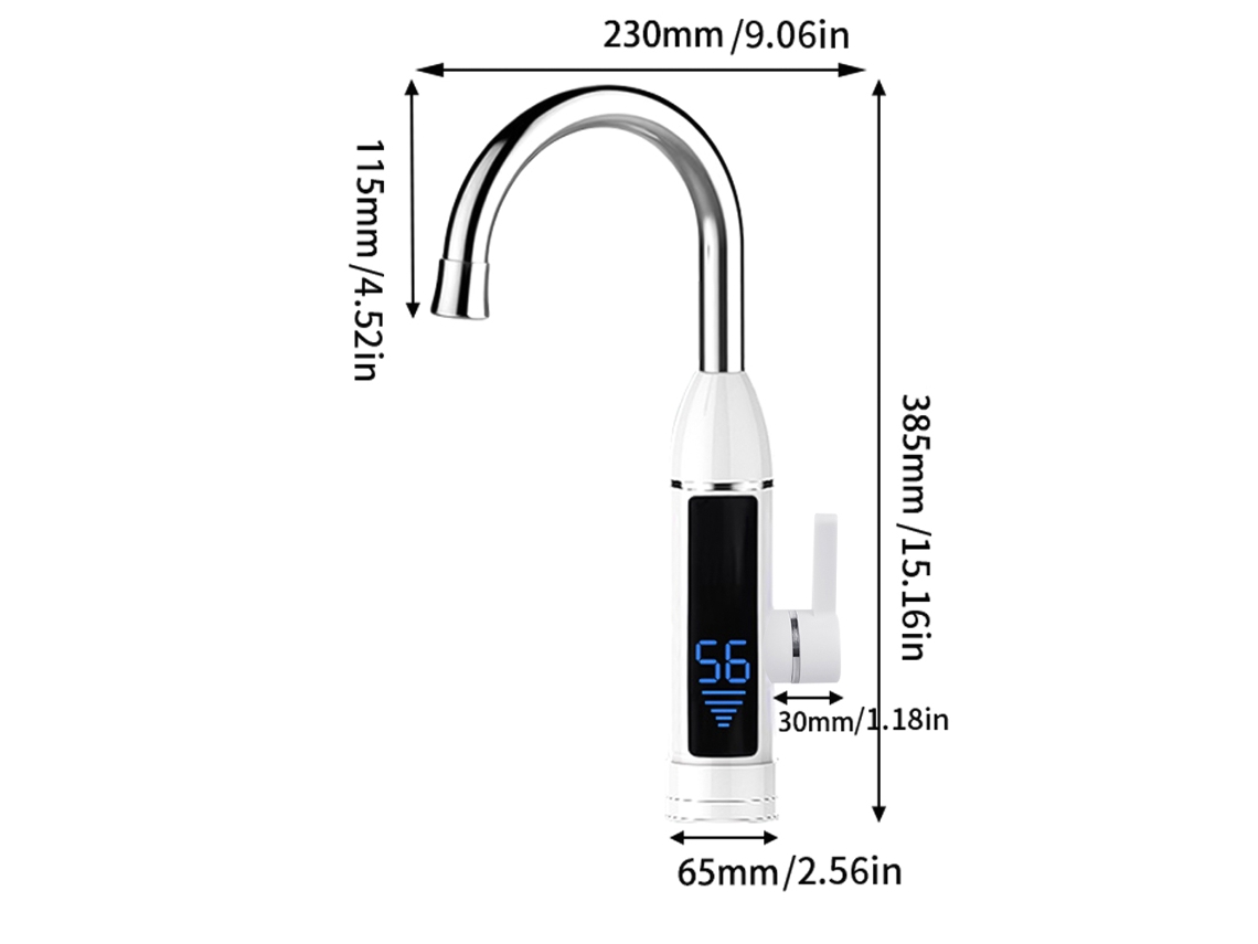 Calentador de agua instantáneo con válvula y pantalla LCD.