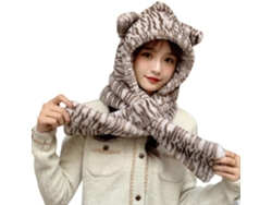 Gorro De Invierno 2 En 1 Para Mujer Bepm Con Bufanda Y Orejeras Orejas Oso A Rayas. | Algodón